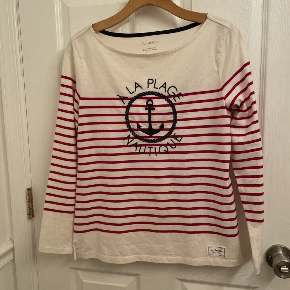 Talbots Red Striped Anchor Nautica Print Cotton Long Sleeve Top - size S